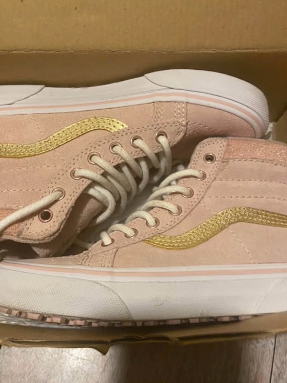 Vans Pink Suede High-Top Sneakers with Gold Wave